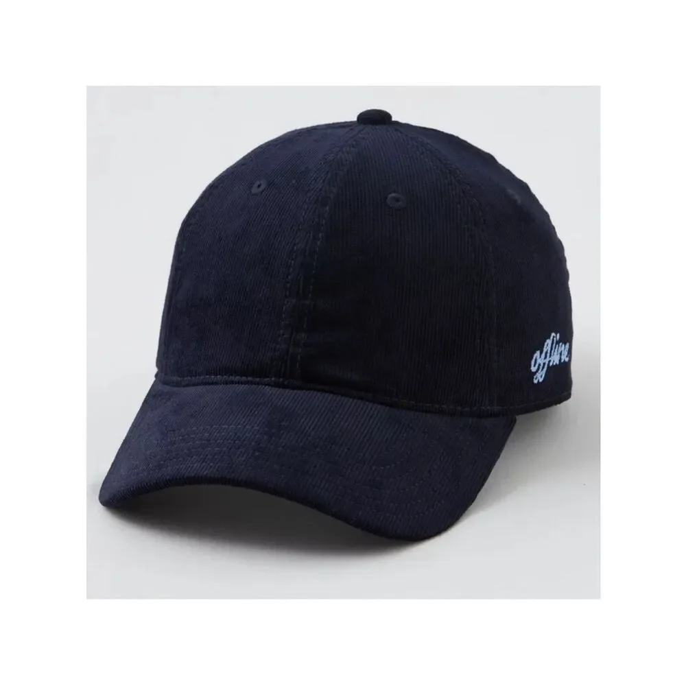 OFFLINE Navy Blue Corduroy Baseball Hat Cap Embroidered Light Blue Logo